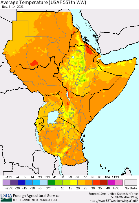 Eastern Africa Average Temperature (USAF 557th WW) Thematic Map For 11/8/2021 - 11/14/2021