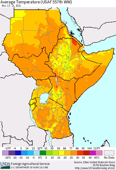 Eastern Africa Average Temperature (USAF 557th WW) Thematic Map For 11/15/2021 - 11/21/2021
