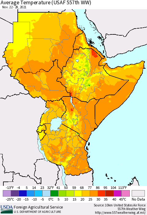 Eastern Africa Average Temperature (USAF 557th WW) Thematic Map For 11/22/2021 - 11/28/2021
