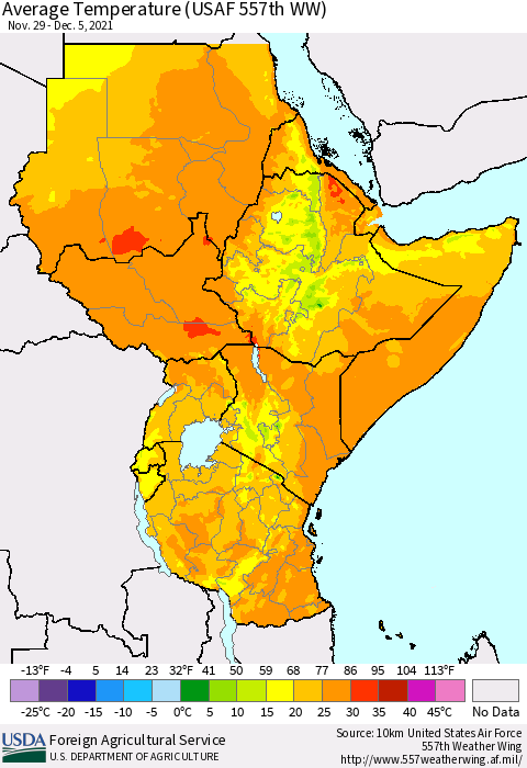 Eastern Africa Average Temperature (USAF 557th WW) Thematic Map For 11/29/2021 - 12/5/2021
