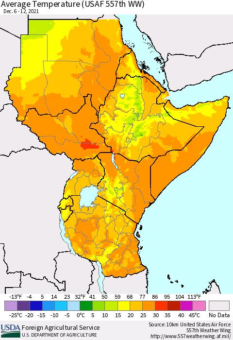 Eastern Africa Average Temperature (USAF 557th WW) Thematic Map For 12/6/2021 - 12/12/2021