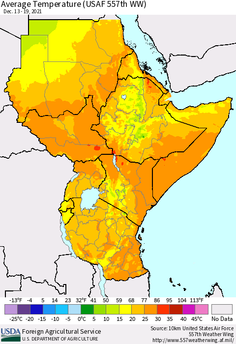 Eastern Africa Average Temperature (USAF 557th WW) Thematic Map For 12/13/2021 - 12/19/2021