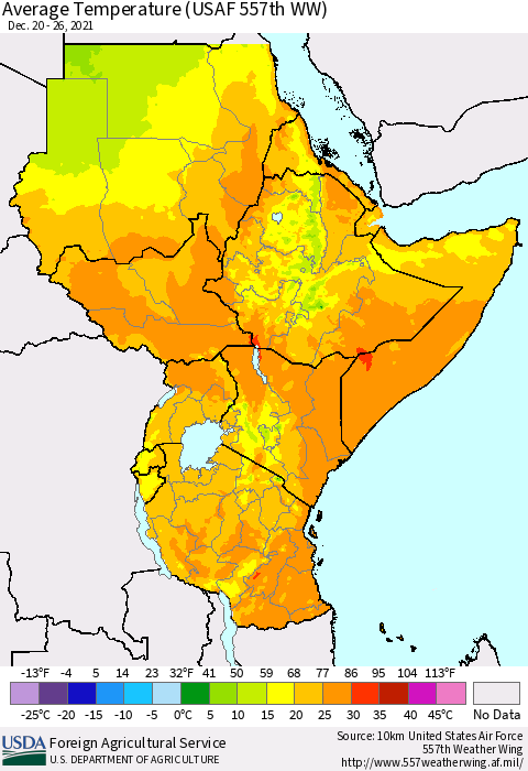 Eastern Africa Average Temperature (USAF 557th WW) Thematic Map For 12/20/2021 - 12/26/2021