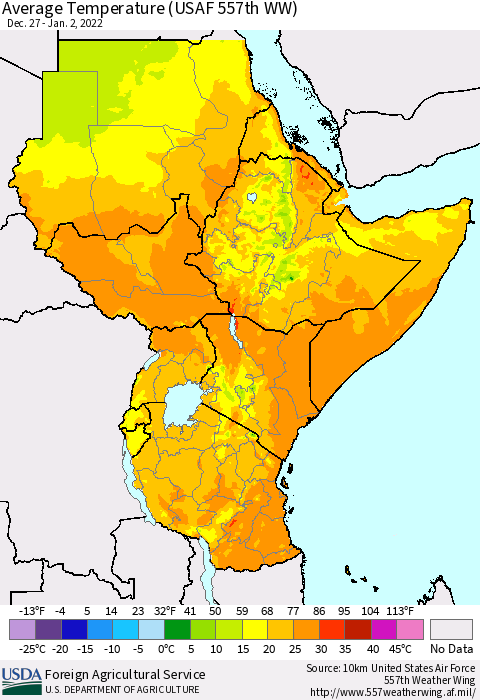 Eastern Africa Average Temperature (USAF 557th WW) Thematic Map For 12/27/2021 - 1/2/2022