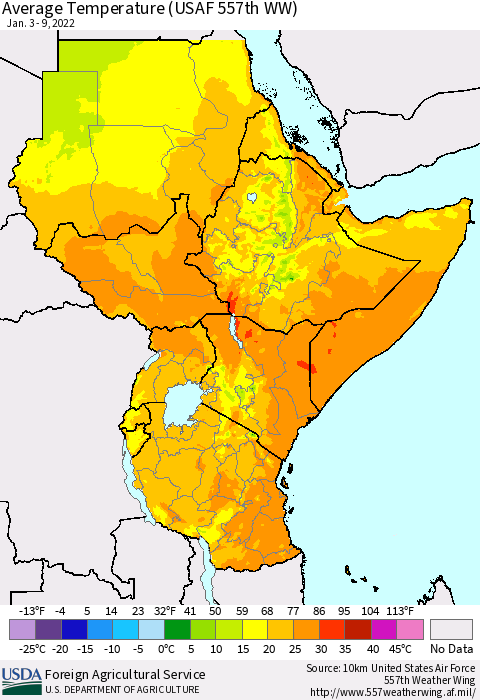 Eastern Africa Average Temperature (USAF 557th WW) Thematic Map For 1/3/2022 - 1/9/2022