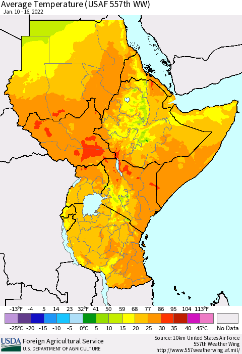 Eastern Africa Average Temperature (USAF 557th WW) Thematic Map For 1/10/2022 - 1/16/2022