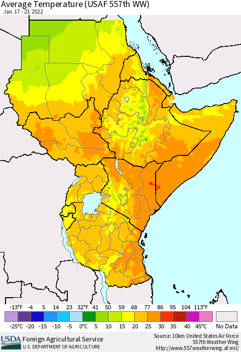 Eastern Africa Average Temperature (USAF 557th WW) Thematic Map For 1/17/2022 - 1/23/2022