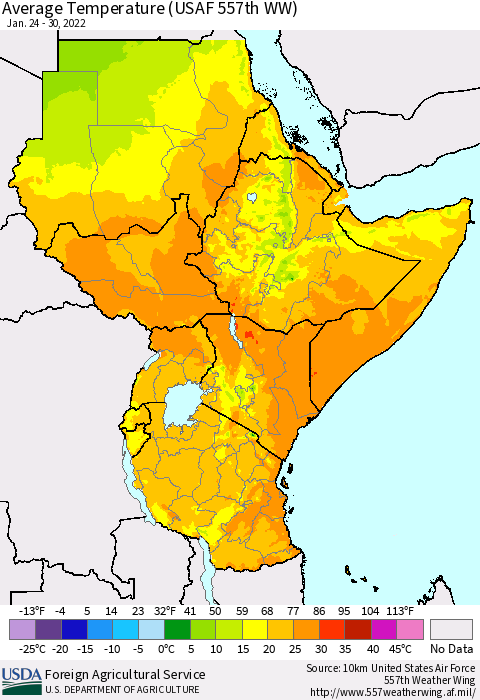 Eastern Africa Average Temperature (USAF 557th WW) Thematic Map For 1/24/2022 - 1/30/2022