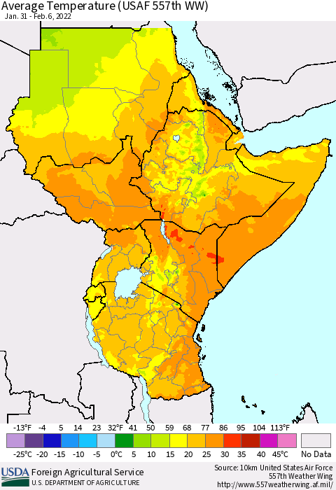 Eastern Africa Average Temperature (USAF 557th WW) Thematic Map For 1/31/2022 - 2/6/2022