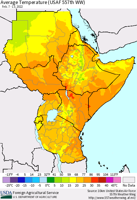 Eastern Africa Average Temperature (USAF 557th WW) Thematic Map For 2/7/2022 - 2/13/2022