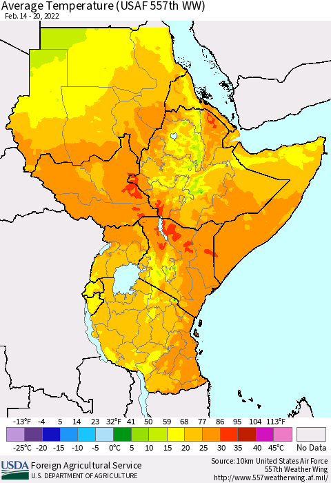 Eastern Africa Average Temperature (USAF 557th WW) Thematic Map For 2/14/2022 - 2/20/2022