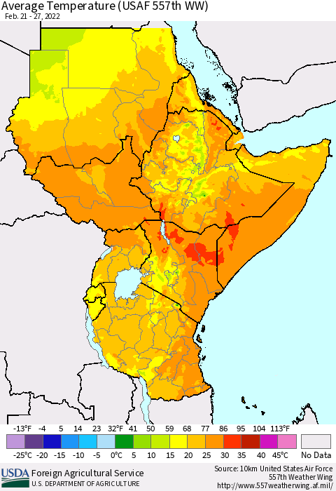Eastern Africa Average Temperature (USAF 557th WW) Thematic Map For 2/21/2022 - 2/27/2022