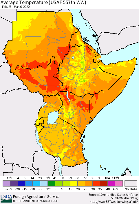 Eastern Africa Average Temperature (USAF 557th WW) Thematic Map For 2/28/2022 - 3/6/2022