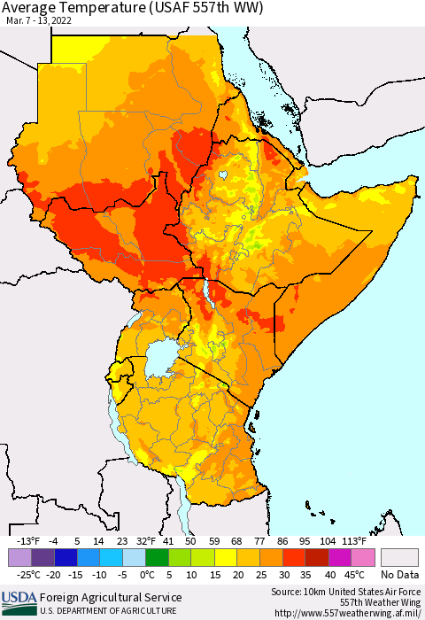 Eastern Africa Average Temperature (USAF 557th WW) Thematic Map For 3/7/2022 - 3/13/2022