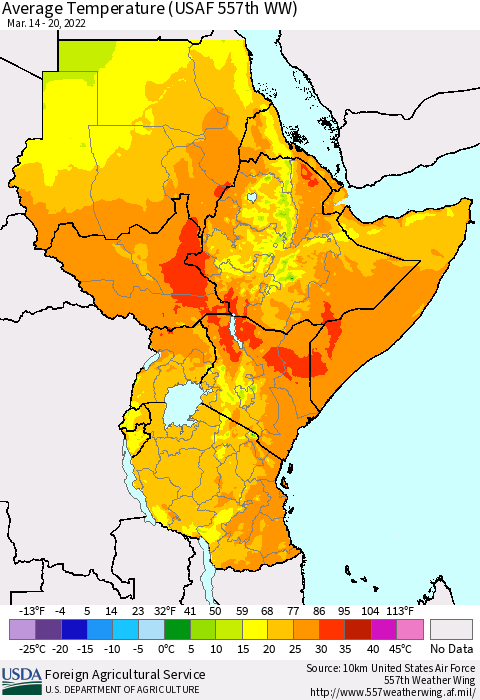 Eastern Africa Average Temperature (USAF 557th WW) Thematic Map For 3/14/2022 - 3/20/2022
