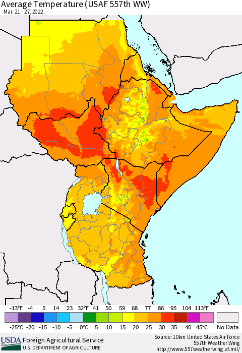 Eastern Africa Average Temperature (USAF 557th WW) Thematic Map For 3/21/2022 - 3/27/2022