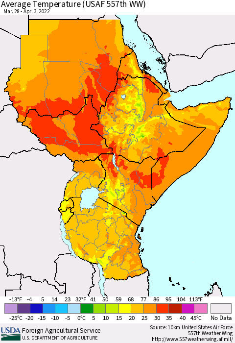 Eastern Africa Average Temperature (USAF 557th WW) Thematic Map For 3/28/2022 - 4/3/2022