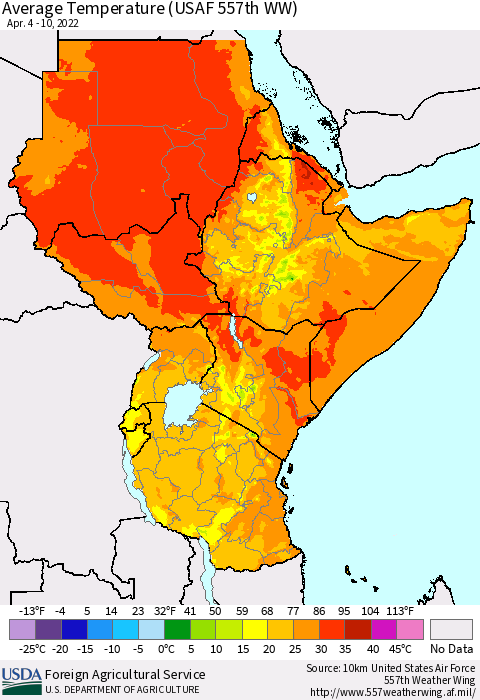Eastern Africa Average Temperature (USAF 557th WW) Thematic Map For 4/4/2022 - 4/10/2022