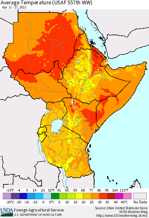 Eastern Africa Average Temperature (USAF 557th WW) Thematic Map For 4/11/2022 - 4/17/2022