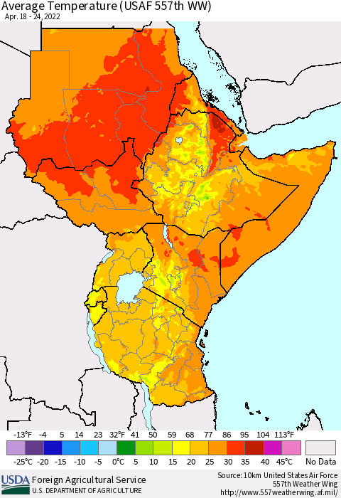 Eastern Africa Average Temperature (USAF 557th WW) Thematic Map For 4/18/2022 - 4/24/2022