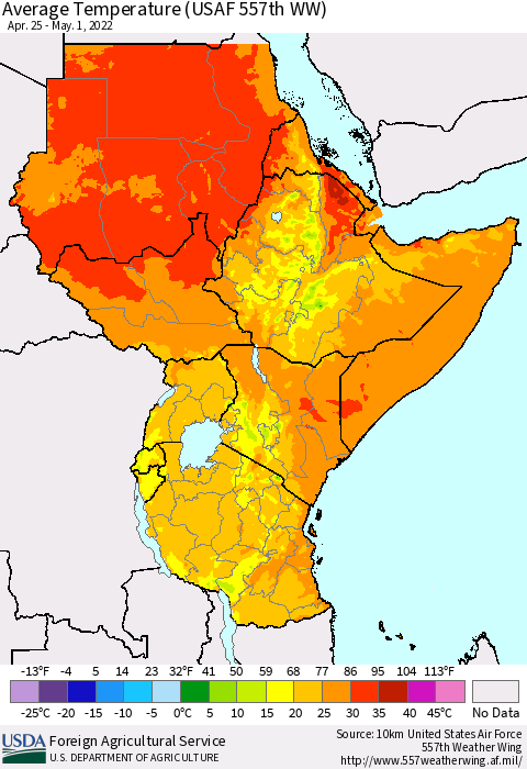 Eastern Africa Average Temperature (USAF 557th WW) Thematic Map For 4/25/2022 - 5/1/2022