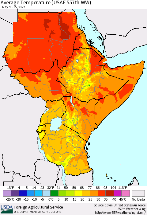 Eastern Africa Average Temperature (USAF 557th WW) Thematic Map For 5/9/2022 - 5/15/2022
