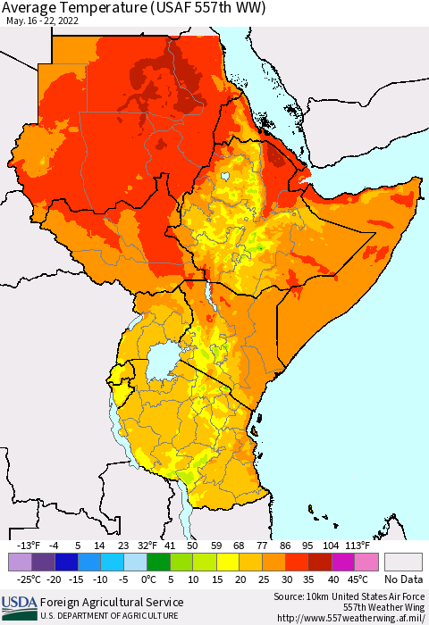 Eastern Africa Average Temperature (USAF 557th WW) Thematic Map For 5/16/2022 - 5/22/2022