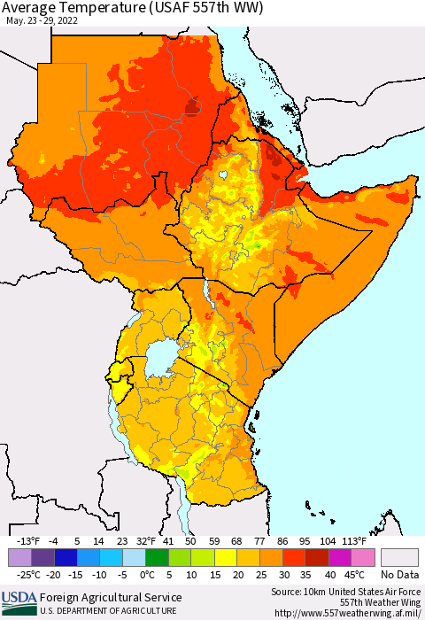 Eastern Africa Average Temperature (USAF 557th WW) Thematic Map For 5/23/2022 - 5/29/2022