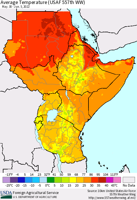 Eastern Africa Average Temperature (USAF 557th WW) Thematic Map For 5/30/2022 - 6/5/2022