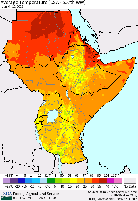Eastern Africa Average Temperature (USAF 557th WW) Thematic Map For 6/6/2022 - 6/12/2022