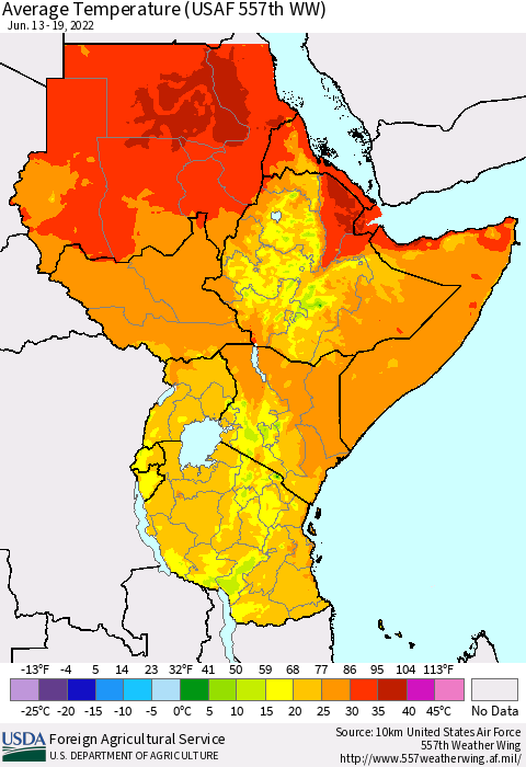 Eastern Africa Average Temperature (USAF 557th WW) Thematic Map For 6/13/2022 - 6/19/2022