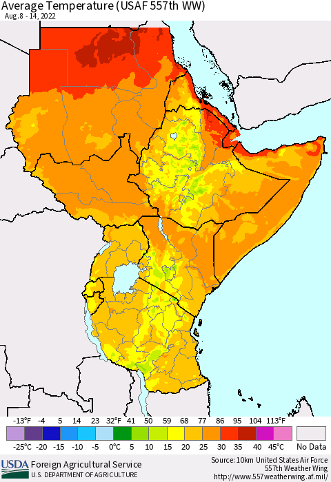 Eastern Africa Average Temperature (USAF 557th WW) Thematic Map For 8/8/2022 - 8/14/2022