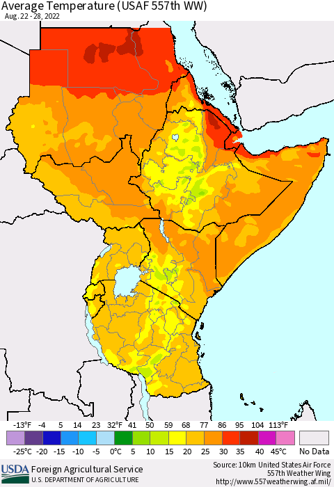 Eastern Africa Average Temperature (USAF 557th WW) Thematic Map For 8/22/2022 - 8/28/2022