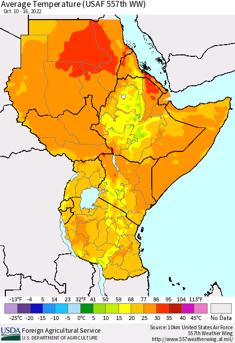 Eastern Africa Average Temperature (USAF 557th WW) Thematic Map For 10/10/2022 - 10/16/2022