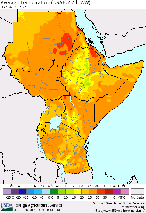 Eastern Africa Average Temperature (USAF 557th WW) Thematic Map For 10/24/2022 - 10/30/2022