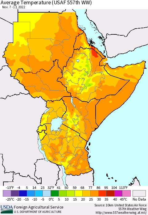Eastern Africa Average Temperature (USAF 557th WW) Thematic Map For 11/7/2022 - 11/13/2022