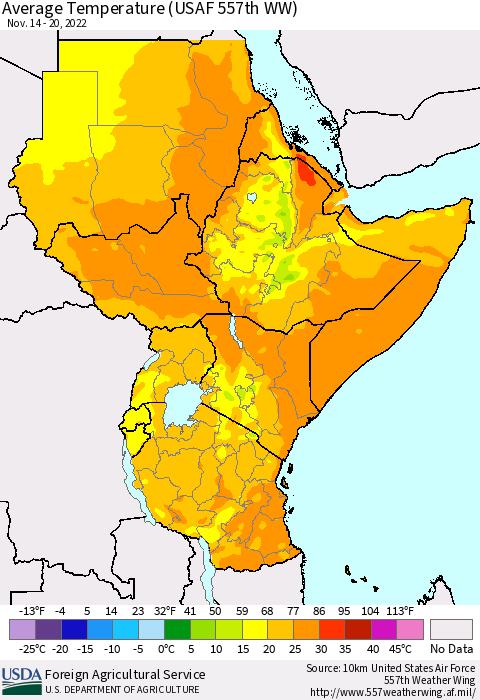 Eastern Africa Average Temperature (USAF 557th WW) Thematic Map For 11/14/2022 - 11/20/2022