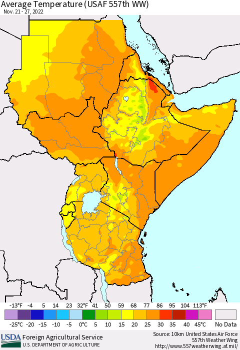 Eastern Africa Average Temperature (USAF 557th WW) Thematic Map For 11/21/2022 - 11/27/2022