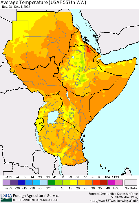 Eastern Africa Average Temperature (USAF 557th WW) Thematic Map For 11/28/2022 - 12/4/2022