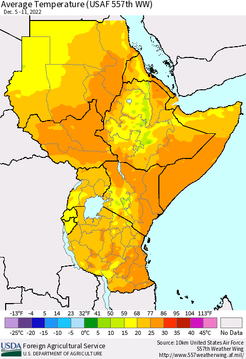 Eastern Africa Average Temperature (USAF 557th WW) Thematic Map For 12/5/2022 - 12/11/2022