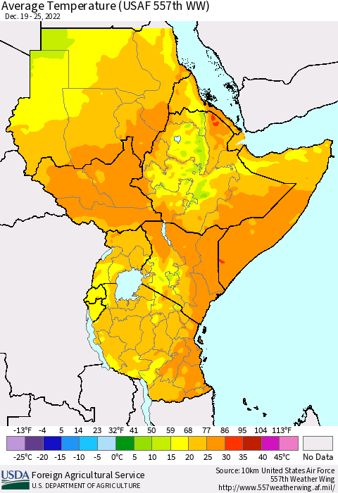Eastern Africa Average Temperature (USAF 557th WW) Thematic Map For 12/19/2022 - 12/25/2022
