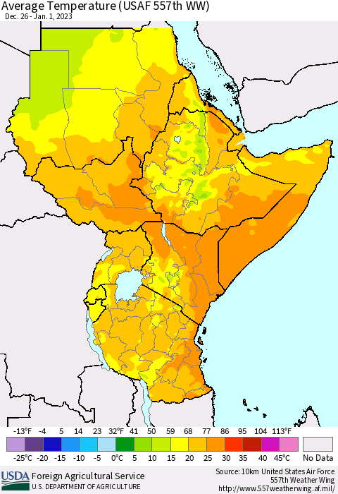 Eastern Africa Average Temperature (USAF 557th WW) Thematic Map For 12/26/2022 - 1/1/2023