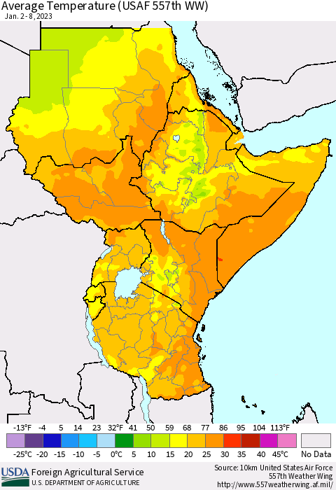 Eastern Africa Average Temperature (USAF 557th WW) Thematic Map For 1/2/2023 - 1/8/2023
