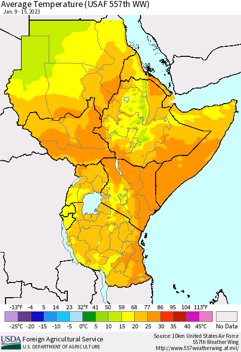 Eastern Africa Average Temperature (USAF 557th WW) Thematic Map For 1/9/2023 - 1/15/2023