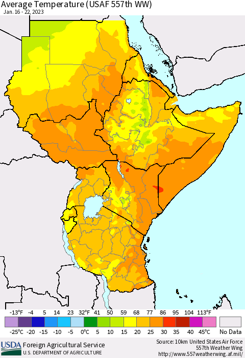 Eastern Africa Average Temperature (USAF 557th WW) Thematic Map For 1/16/2023 - 1/22/2023