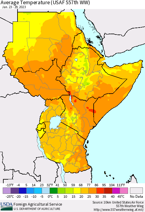 Eastern Africa Average Temperature (USAF 557th WW) Thematic Map For 1/23/2023 - 1/29/2023