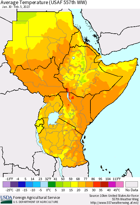 Eastern Africa Average Temperature (USAF 557th WW) Thematic Map For 1/30/2023 - 2/5/2023
