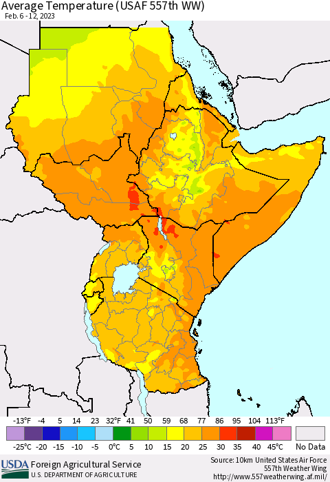 Eastern Africa Average Temperature (USAF 557th WW) Thematic Map For 2/6/2023 - 2/12/2023