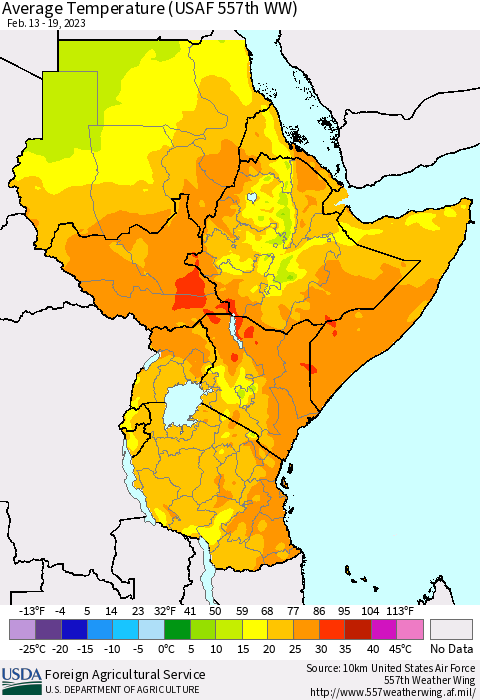 Eastern Africa Average Temperature (USAF 557th WW) Thematic Map For 2/13/2023 - 2/19/2023