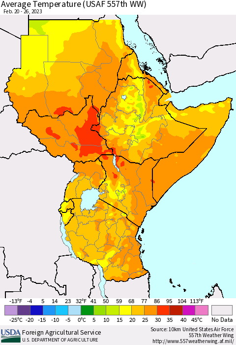Eastern Africa Average Temperature (USAF 557th WW) Thematic Map For 2/20/2023 - 2/26/2023